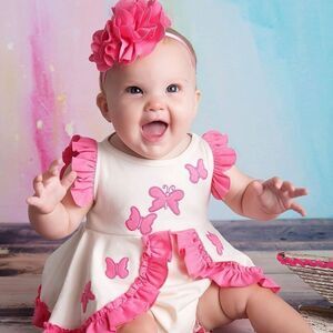 Lemon Loves Layette Creme Pink Ruffle Butterfly One Piece Bodysuit Sz 3-6M Girly